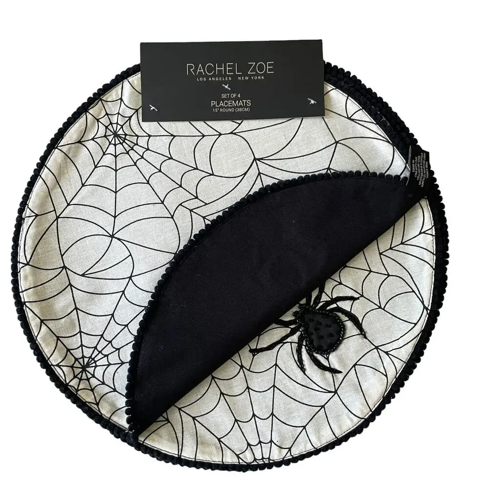 Rachel Zoe Halloween Spider Web with Beaded Spider Placemats 15in Set of 4 NEW